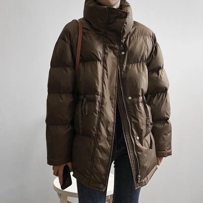 

Женская Стеганая куртка с воротником-стойкой, новинка зимы 2021, свободная теплая куртка с подкладкой на талии, Женская куртка