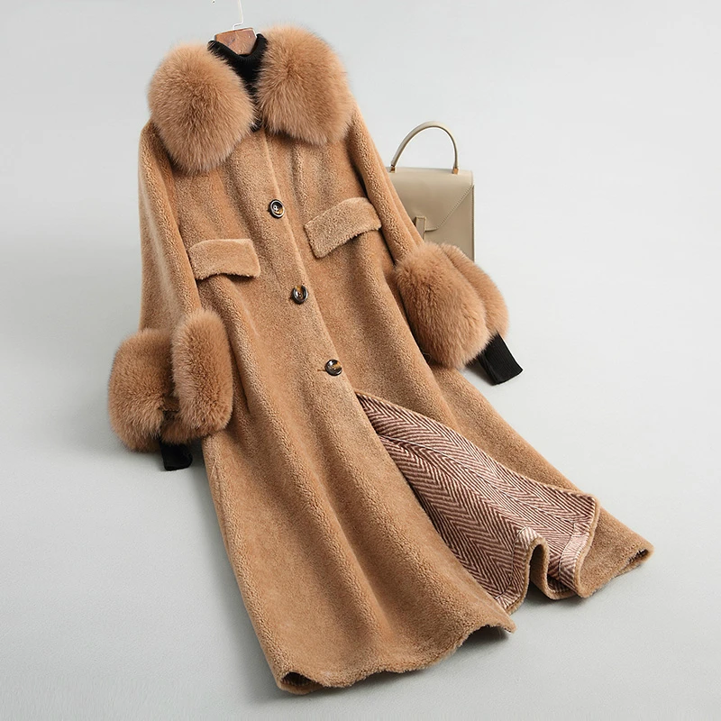 Desert color AYUNSUE, женские пальто для стрижки овец, Натуральная шерсть, шуба, Женская длинная теплая зимняя куртка, натуральный Лисий мех, воротник, верхняя одежда 18120 - Цвет: Desert color