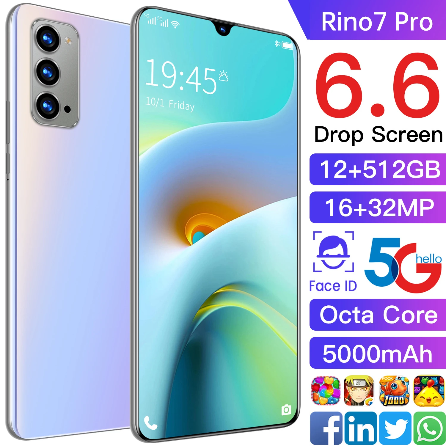 

2021 Newest Rino7 Pro 6.6 Inch Snapdragon 865 Mobile Phone 5000mAh Dual Card 32MP Deca Core 12G+512G Cellphone 5G Network