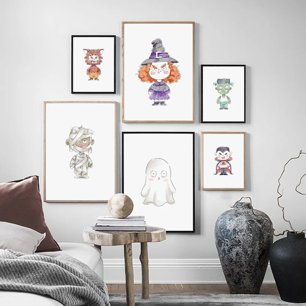 Акварельные Хэллоуин ведьмы труп Мумия стены искусства холст живопись плакаты