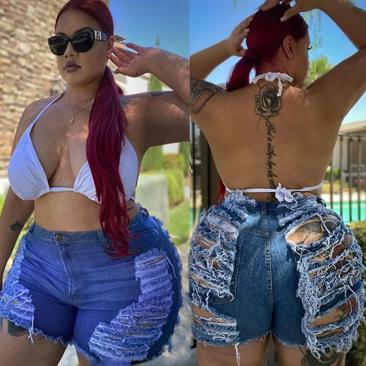 

Fashion Women Plus Size Ripped Short Jeans Sexy Nightclub Wear Lady's High Waist Tassels Hollow Out Skinny Denim Mini Shorts
