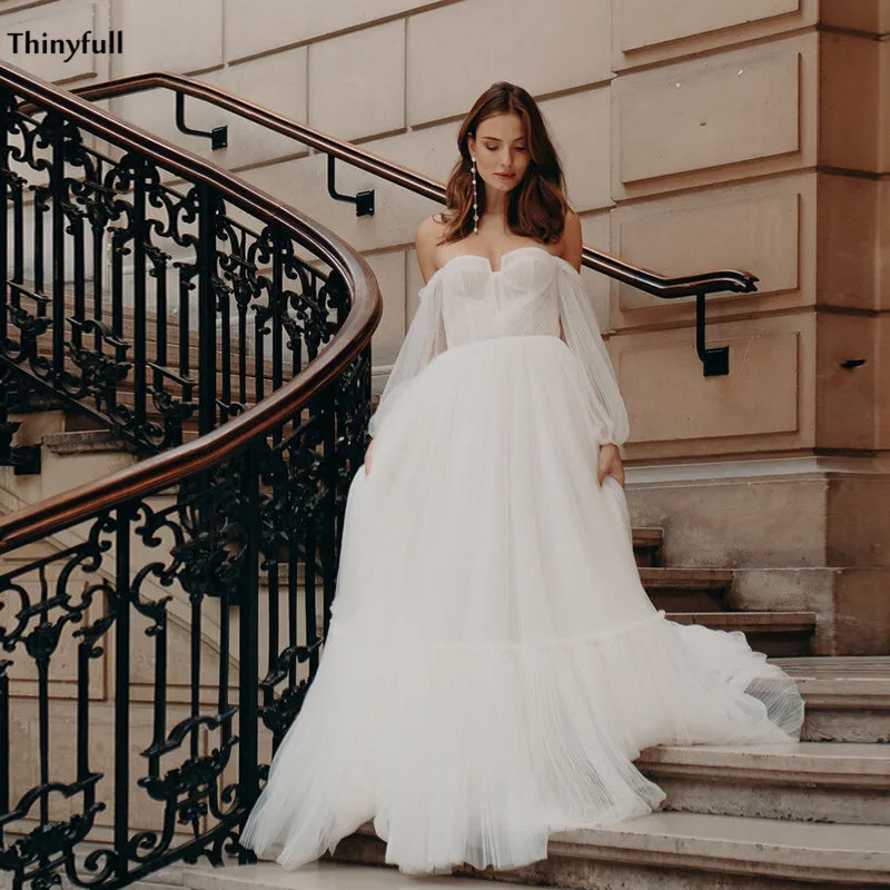 

Thinyfull Boho Свадебные платья с открытыми плечами, пышные рукава, пляжные трапециевидные платья невесты, свадебные платья в стиле кантри, Vestidos