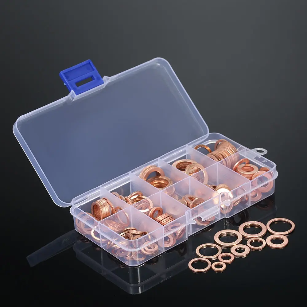 200PCS M5-M14 Copper Washers Gasket Set Flat Ring Seal Assortment Kit with Box 9 Sizes for Hardware Accessories+ Storage | Обустройство