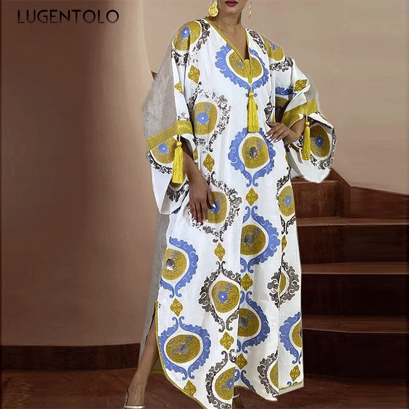 

Lugentolo Women Vintage Dress Large Size Long Sleeve V-neck Print Dresses Ladies Spring Summer Loose Casual Maxi Dress