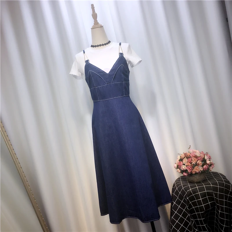 

2020 New Spring Summer V-neck Sleeveless Dress for Women Medium-long Blue Sexy Strap Casual Bottoming Dress Students