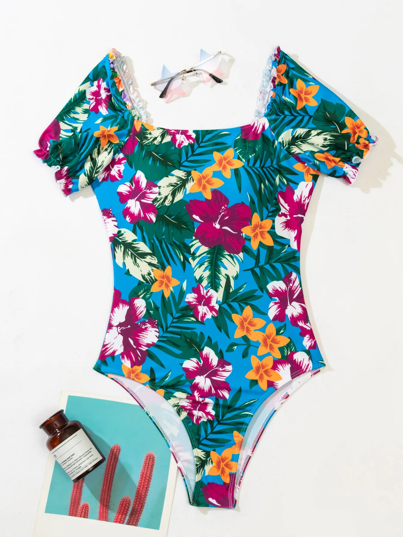 

Short Sleeve One Piece Swimsuit Women Floral Swimwear Monokini Push Up Swim Suit Bathing suit