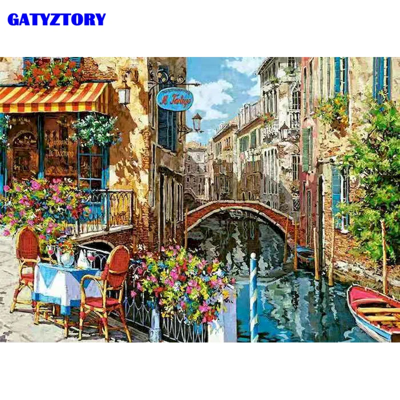 

Gatyztory DIY Oil Painting By Numbers Wall Art Landscape Drawing Picture By Numbers House Bridges For Living Room