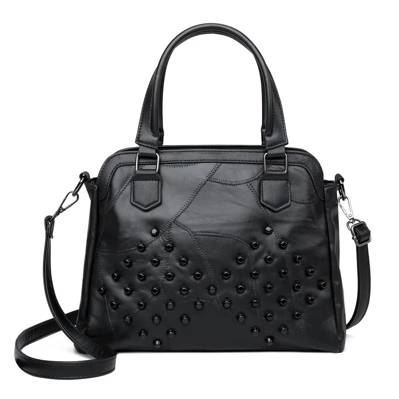 

Sheepskin Shoulder Bag Women's Fashion Casual Messenger Bag Genuine Leather Commuter Handbag High Quality Rivet Punk Square Bag