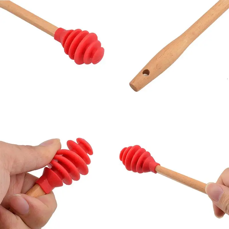 

3PCS Honey Dipper Food Grade Silicone Honey Spoon Honey Stick with Wood Handle