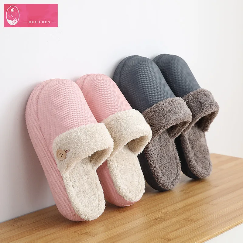 

Women Men Platform Slippers Warm Plush Waterproof Shoes Lovers Indoor Slipper Removable Pad Thick Sole Female Male Home Slides