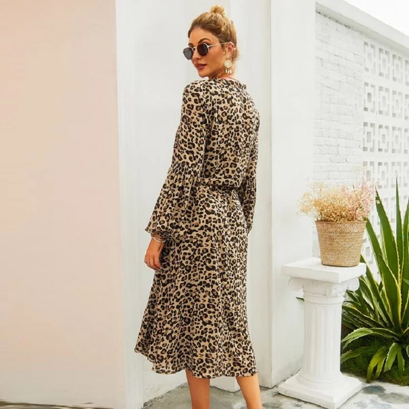 

2020 New Women Long Leopard Print Dress Women Elegent Full Sleeve V Neck Spring Summer Dress Female Mid Calf Dress Office Lady