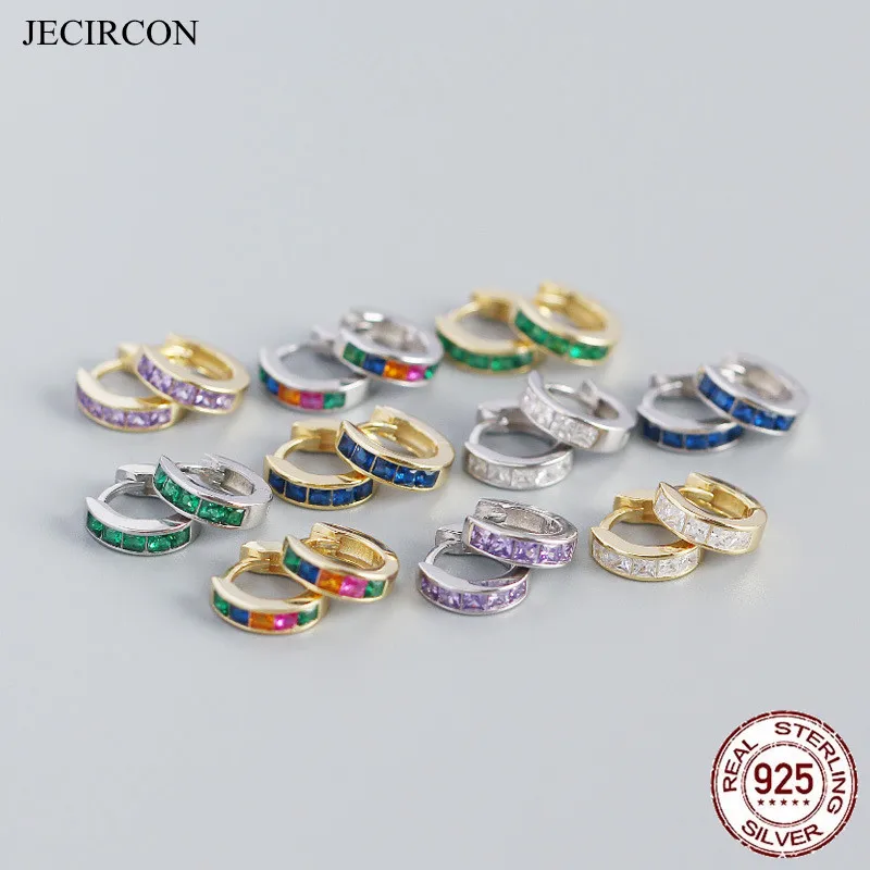 

JECIRCON 925 Sterling Silver Geometric Square Colorful Zircon Small Hoop Earrings for Women Simple INS 7mm Round Circle Earring