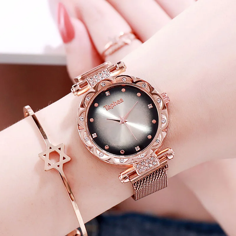 Women Watches Luxury Rose Gold Ladies Wrist Watches Starry Sky Magnetic Watch Mesh Strap Waterproof Clock relogio feminino xfcs - Цвет: Розовый