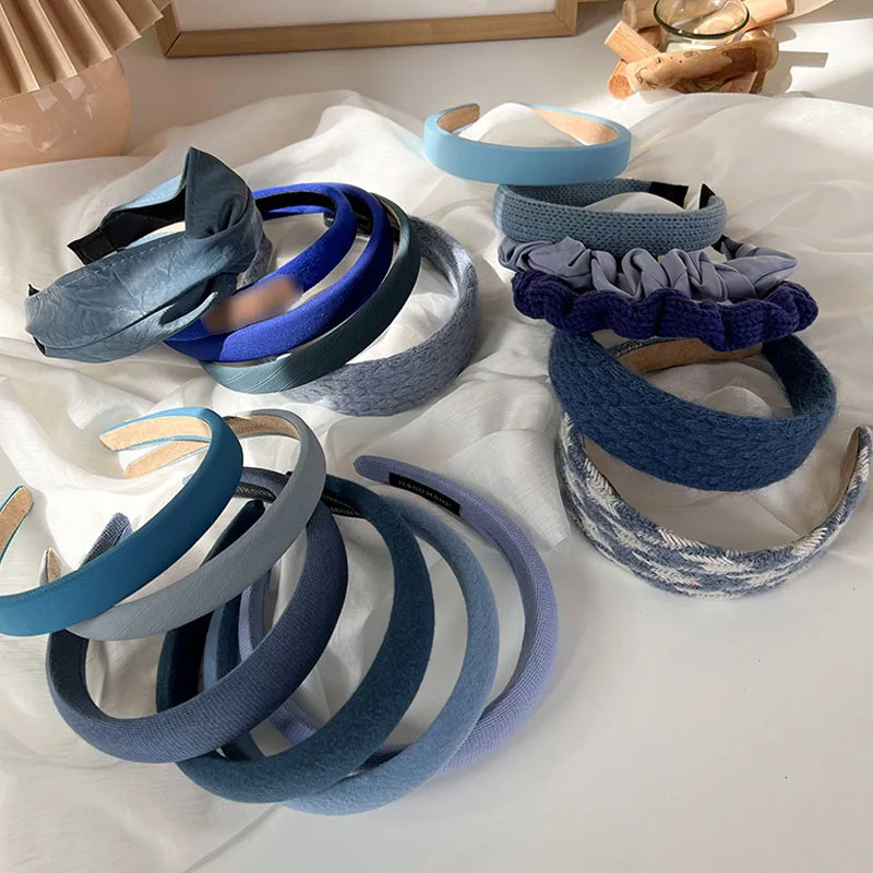

Fashion Blue Color Padded Headbands Fashion Thick Sponge Head Hoop Women Twist Pearls Crown Braided Hair Band Headwear