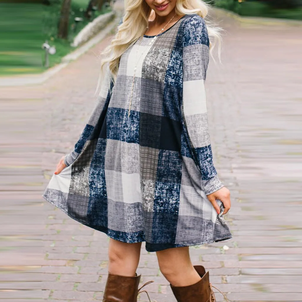 Plaid Print Vintage dress Womne Casual Loose O-Neck Fashion Pocket Long Sleeve Short Mini Dresses Ladies Sundress Vestidos | Женская