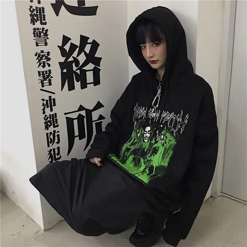 

NiceMix Harajuku Casual Loose Female Fleece Hoodies Dark Letter Character Women Fleece Hooded Sweatshirts Autumn Lady Fleece Top