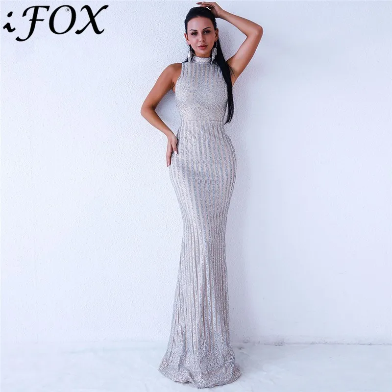 

IFox сексуальное летнее женское платье без рукавов с лямкой через шею 2020, вечерние элегантные Серебристые вечерние платья с блестками