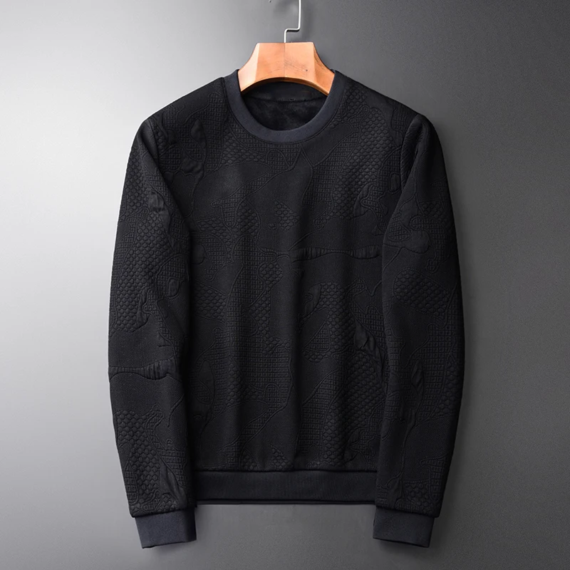 Add Velvet Men Luxury Jacquard Round Collar Black Sweatshirt Male Slim Fit Winter Mens Hoodies Plus Size 4XL