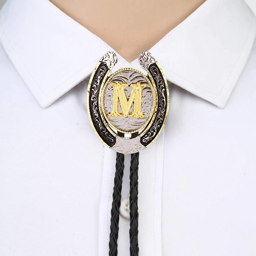 Gold Letter ABCDEFG-Z U shape bolo tie for man Indian cowboy western cowgirl leather rope zinc alloy necktie
