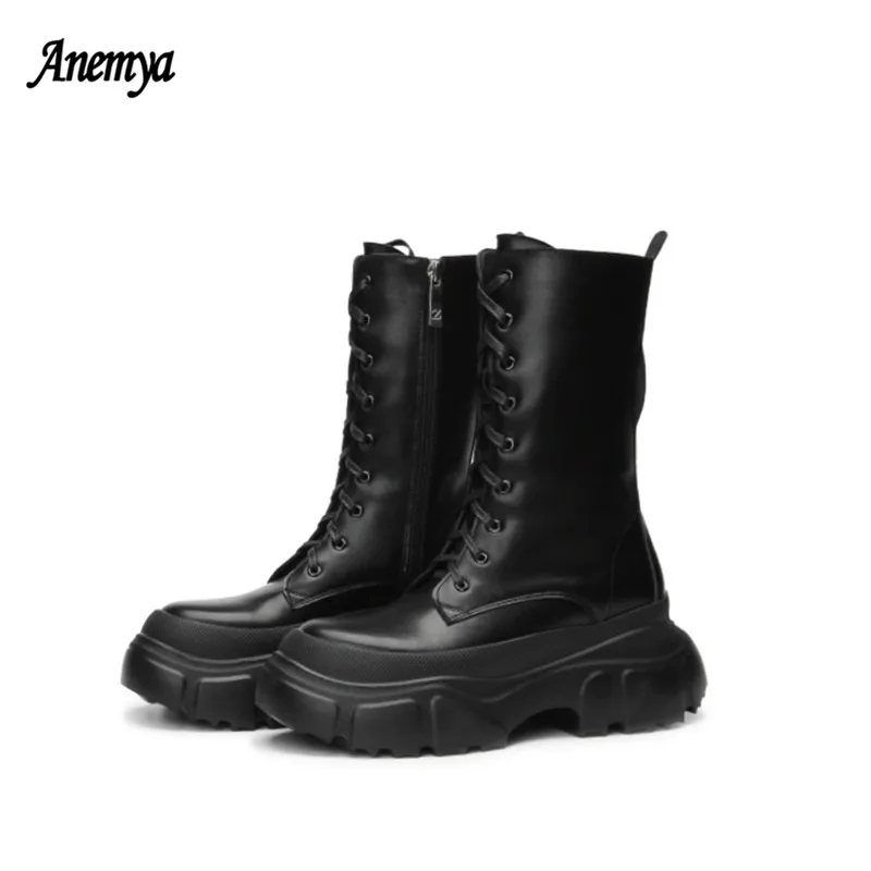 

Женские ботильоны на платформе, кожаные ботинки на молнии сбоку, мотоциклетные ботинки с круглым носком, женская обувь на массивном каблуке...