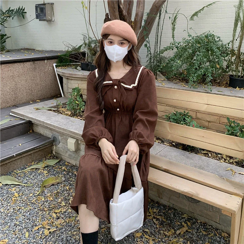 

Reducing Lace Collar College Waist Slim Long Sleeve Dress Three Colors in gothic dress kawaii clothes winter clothes women