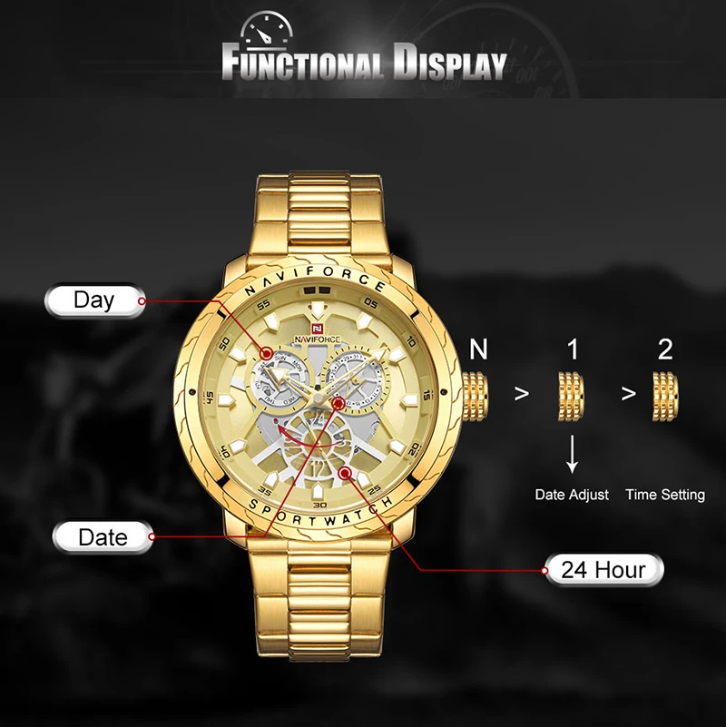 Часы наручные NAVIFORCE Мужские кварцевые роскошные золотистые водонепроницаемые