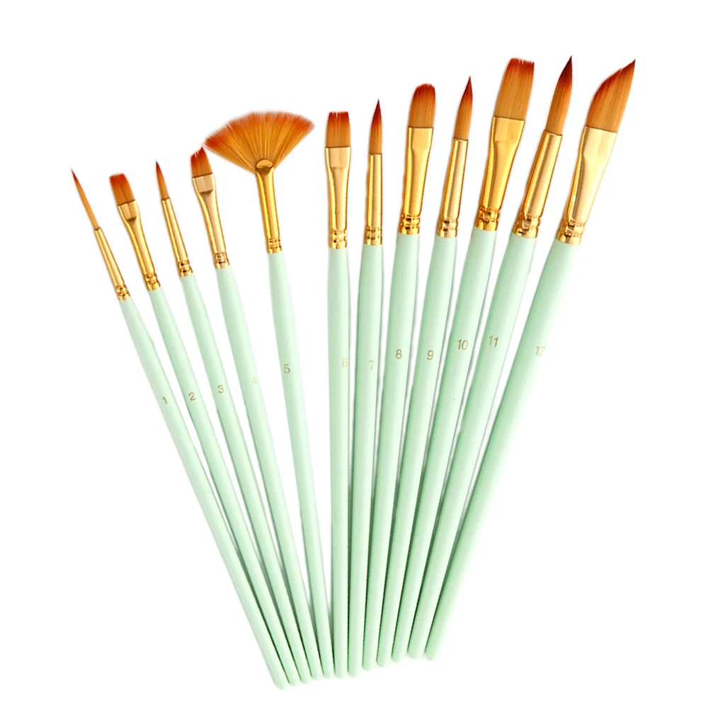

12x Assorted Paint Brush Set Nylon Hair For Watercolor Face Painting