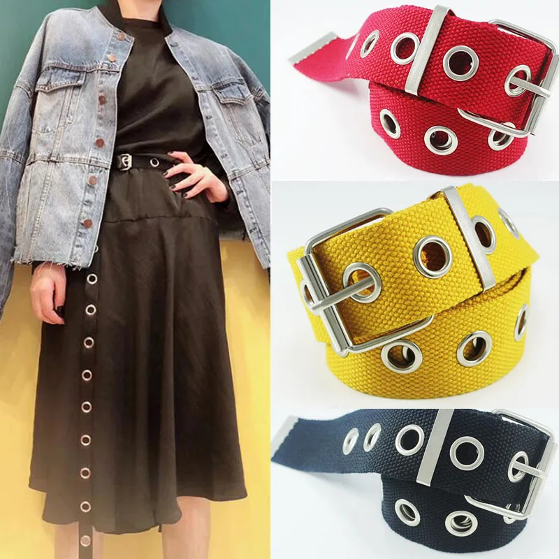 

Long Personality Harajuku Casual Ring Black Metal Belt Students Jean Canvas Waist Belts Tide Silver Pin Buckle