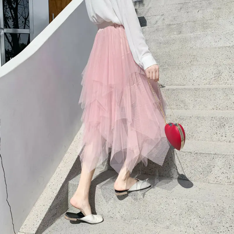 

Women irregular Tulle Skirts Fashion Elastic High Waist Mesh Tutu Skirt Pleated Long Skirts Femmle Party Petticoat Ball Gown