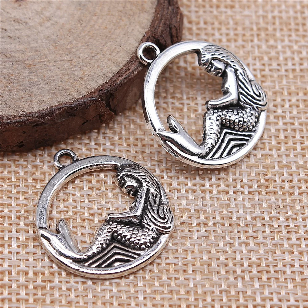 

10pcs 23mm Pendant Mermaid Round Mermaid Charm Pendants For Jewelry Making Antique Silver Plated Mermaid Pendants