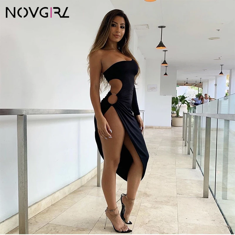 Novgirl на одно плечо с длинными рукавами металлическое кольцо полым каблуком