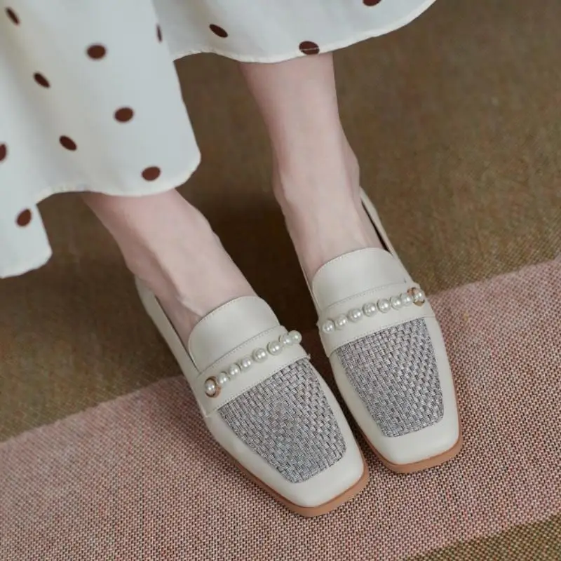 

Rizabina New Flat Shoes Women Genuine Leather String Beads Women Fashion Square Toe Women Shoes Party Footwear Size 33-40