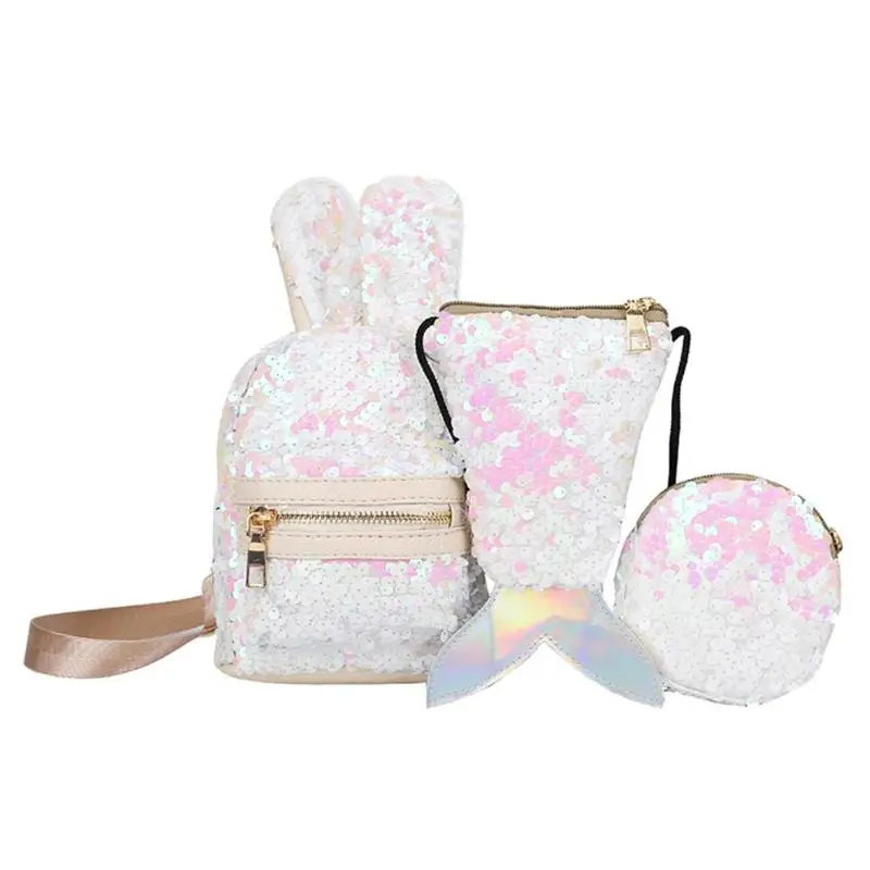 New Fashion Mini Shining Sequins School Backpack Women Rabbit Ears Rucksack Cartoon Label Purse Zipper Shoulder with Small Bag - Цвет: Белый