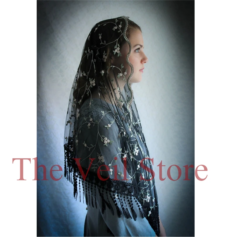 Floral Tassel Lace Mantilla Catholique Veils for church Traditiondal Women Head covering infinity wrap Latin Mass Velos de Novia | Свадьбы и