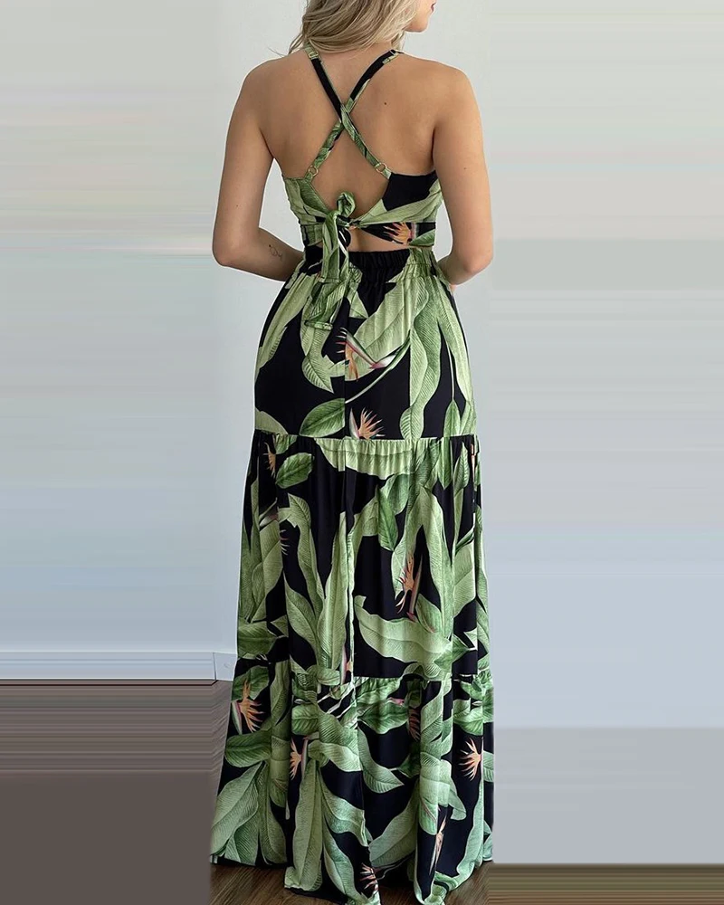 

2021 Summer Two Piece Set Women Printed Green Bandage Sexy Crop Top+Maxi Long Skirt Elegant Female Set 2 Pcs