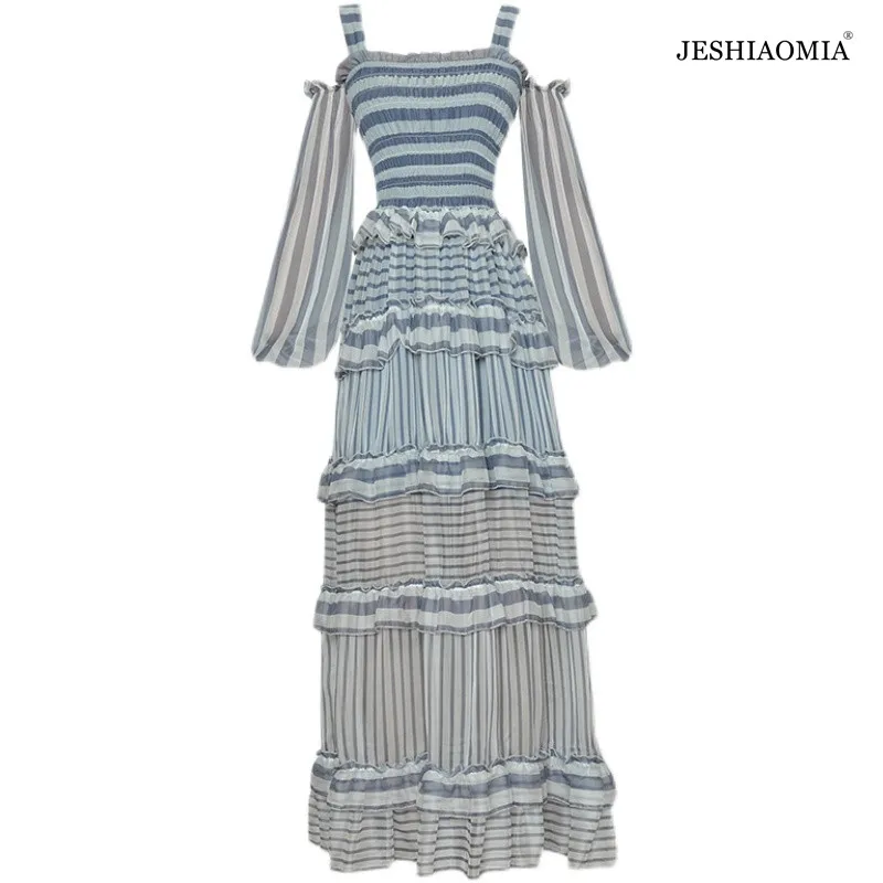 

JESHIAOMIA- 2021 Summer Off Shoulder Striped Puff Sleeve Tiered Dress