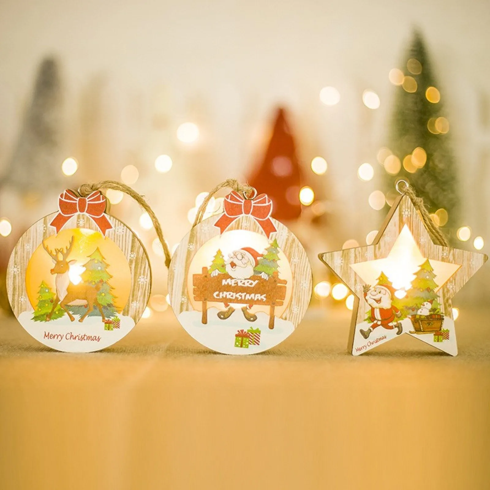 

Christmas Ornaments Wooden Hanging Pendant Led Light Santa Claus Christmas Decorations For Home Tree Decor Kids Gift Wood Crafts