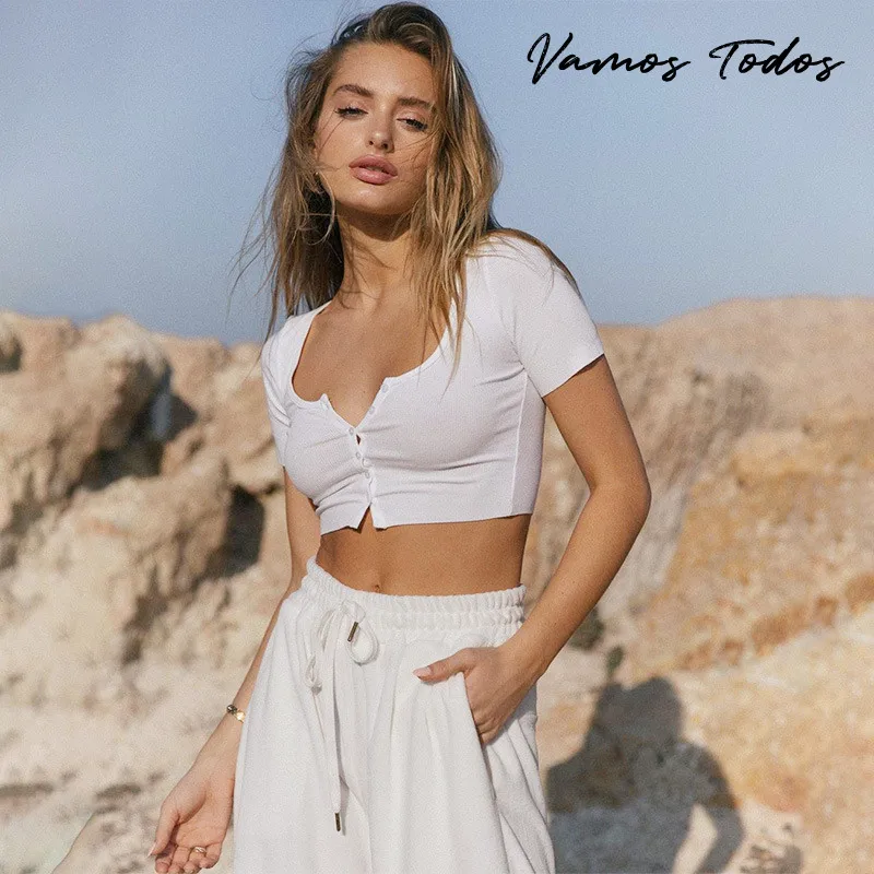 

Vamos Todos 21 Summer U-Neck Sexy Shirts For Women Fashion Tops Solid Single Breasted Bodycon Streetwear White Off Shoulder Top