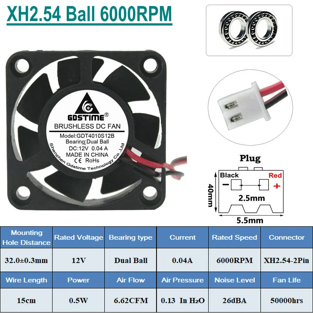 10 штук в партии Gdstime DC 12V 2Pin 4 см 40x40x10 мм 40 мм 4010 маленький Бесщеточный Охлаждающий вентилятор - Цвет лезвия: 2Pin Ball 6000RPM
