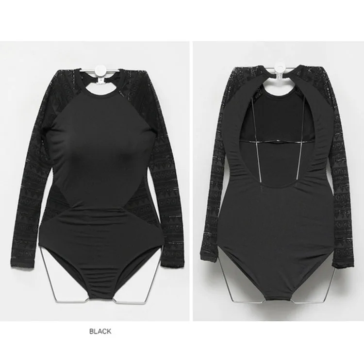 

Fashion Sexy Women Bikini Black Korean Sexy Lace Long Sleeve One-piece Swimsuit for Women