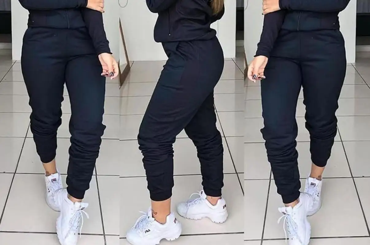 

2020 Autunm Fashion Casual Two Pieces Sets Long Sleeve Hoodies with Zipper+Long Pant for Woman Black Streetwear Outfit Tracksuit
