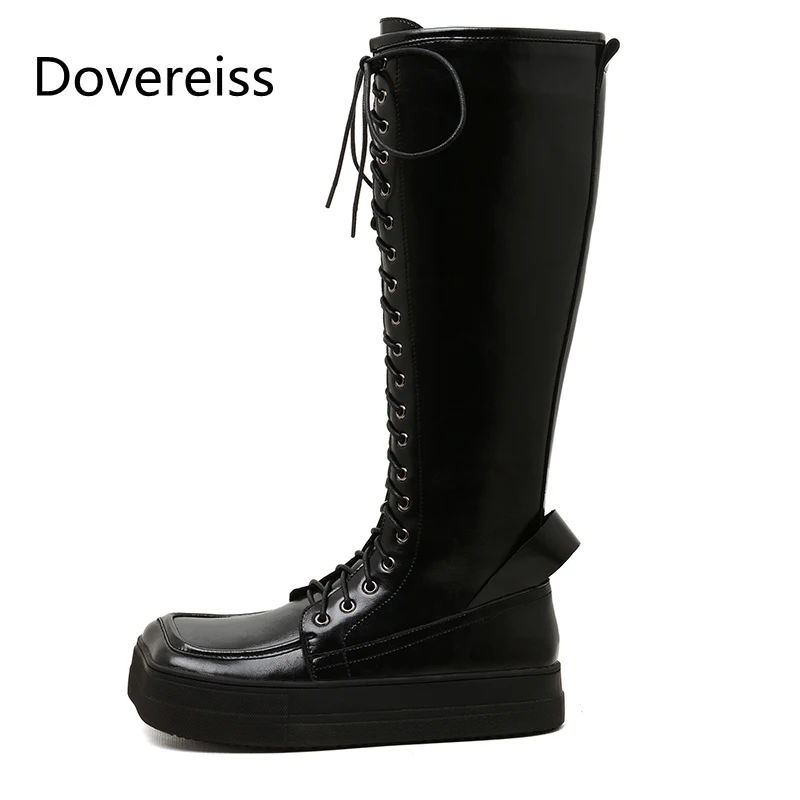 

Женские сапоги до колена на платформе, с квадратным носком и перекрестной шнуровкой, размеры 34-39