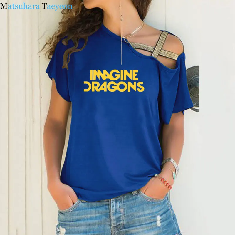 woman t shirt Fashion Imagine Dragons Funny Tee Top Short Sleeve Female clothing T-Shirt Irregular Skew Cross Bandage Tshirt images - 6
