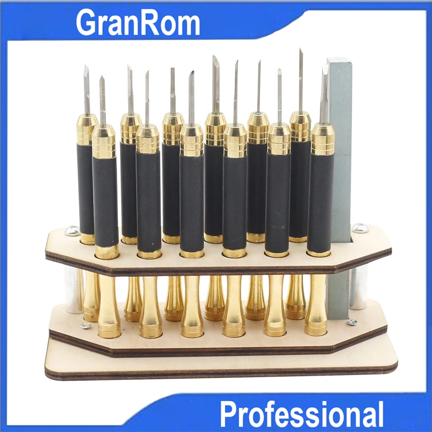 Brass Handle Carving Knife 12pcs Set Seal Cutter With Holder Sharpen Stone Handheld Cutting Tools |