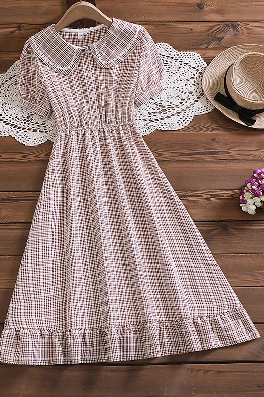 

COIGARSAM Preppy Style Plaid Women dress Summer Cute Vintage Peter pan Collar High Waist Dresses Green Red 9109