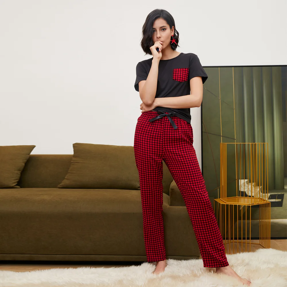 

Pajamas For Women Trouser Suits Short Sleeve Tskirt Grid Pants Lounge Set Sleepwear Home Clothes female