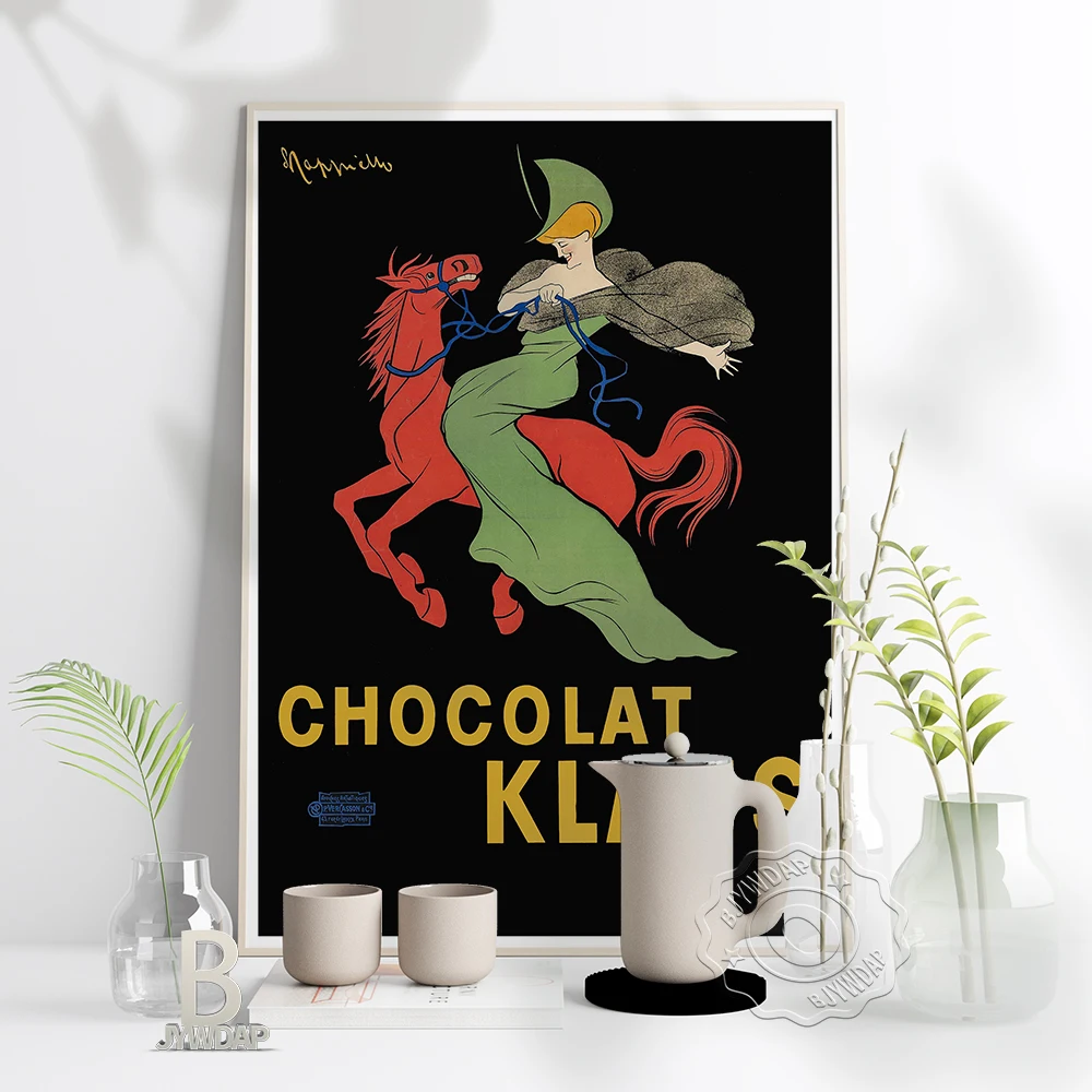 

Vintage Italian Promotional Art Poster, Chocolat Klaus Woman Horse Canvas Painting, Cartoon Colored Drawing Home Kids Room Decor