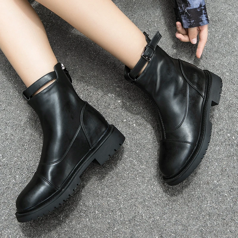 Женская обувь черные ботинки на платформе модные женские зимние кожаные Ботинки