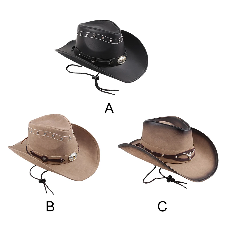 

Men Soft Cowboy Hat Wide Brim Gift With Chin Cord Fashion Sombrero Diamond Vintage Party Pinch Front Anti UV Dad PU Leather