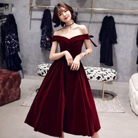 special occasion dresses vintage v neck short luxury burgundy off the shoulder satin pleat backless a line women prom gown e1043